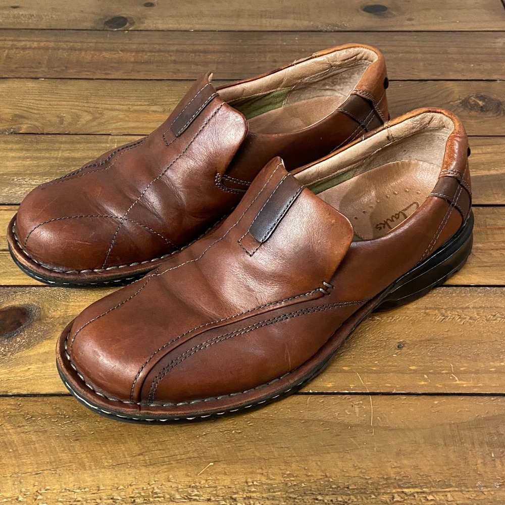 Clarks Mens 70846 Brown Leather Slip On Loafers Bicycle Toe Shoes Size 11M